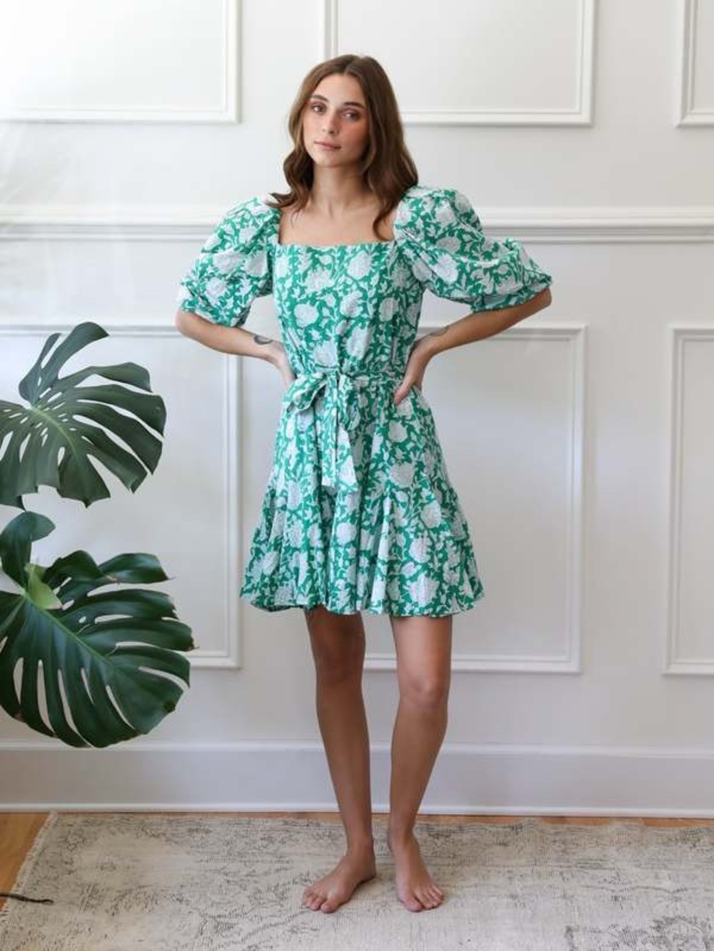 NWOT Mille Anais Belted 100% Cotton Long Sleeve Minidress Green Zinnia Floral